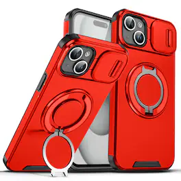 UUCOVER - For Apple iPhone 15 Magnetic Case with Slide Camera Lens Cover & 360° Ring Stand - Drop Protection Shockproof Shell - Red