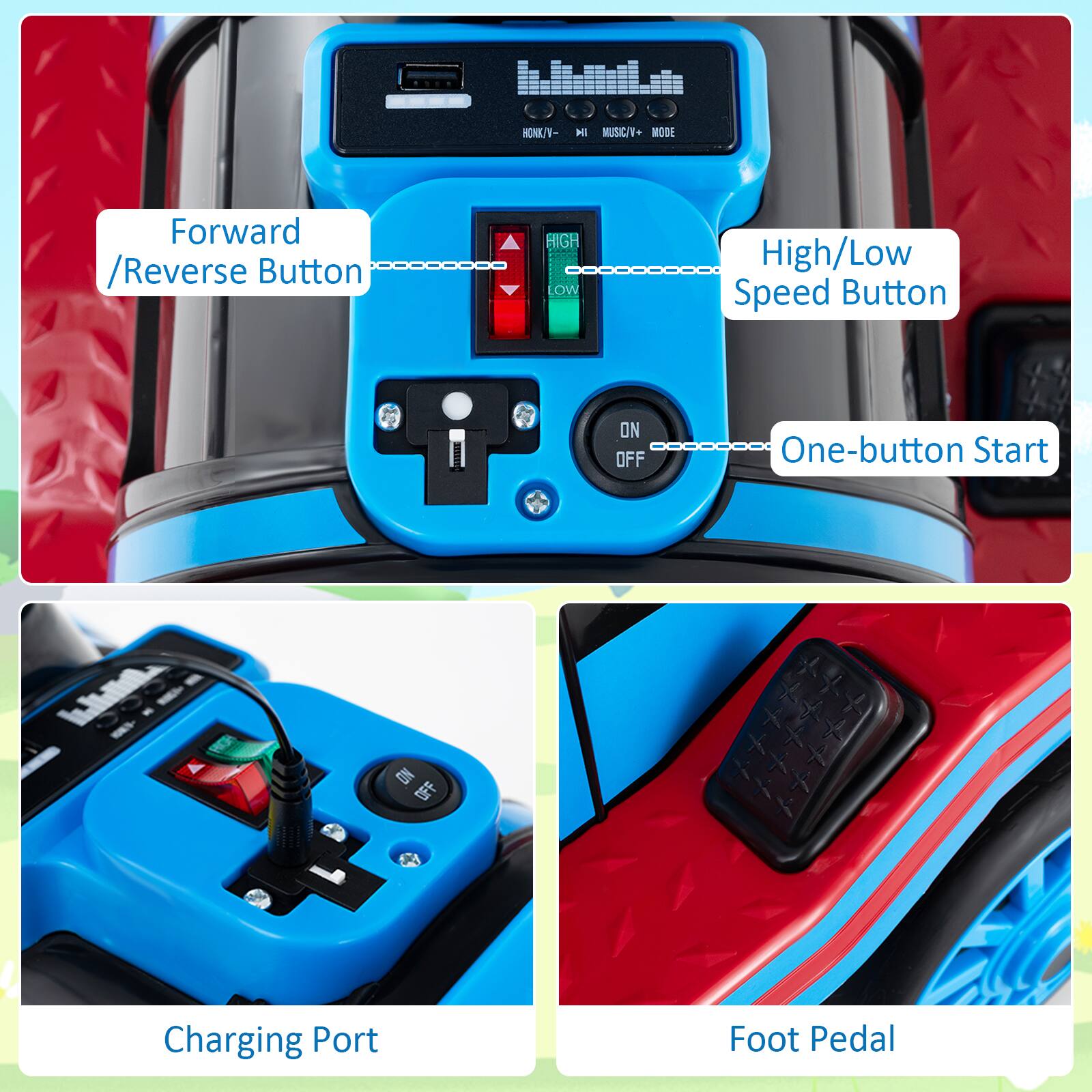- Forward / Reverse Button
- High/Low Speed Button
- One-button Start
- Charging Port
- Foot Pedal