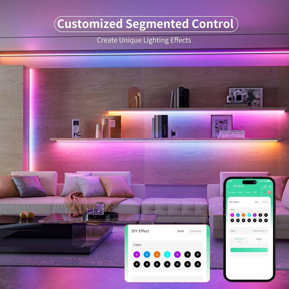 Customized Segmented Control  
Create Unique Lighting Effects  

DIY Effect  
Color  
Solid Gradient  

SPS4BE  
Dynamic Seld Music  
DIY Effect  
Color  
Solid Gradient  

Brightness 100%  
Speed 10