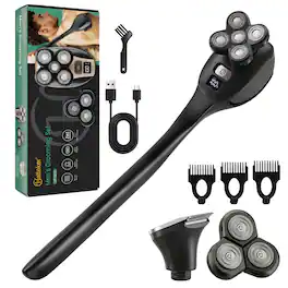 HATTEKER - 2-in-1 Back & Bald Head Grooming Kit, 5D Rotary Shaver with Detachable Auxiliary Handle