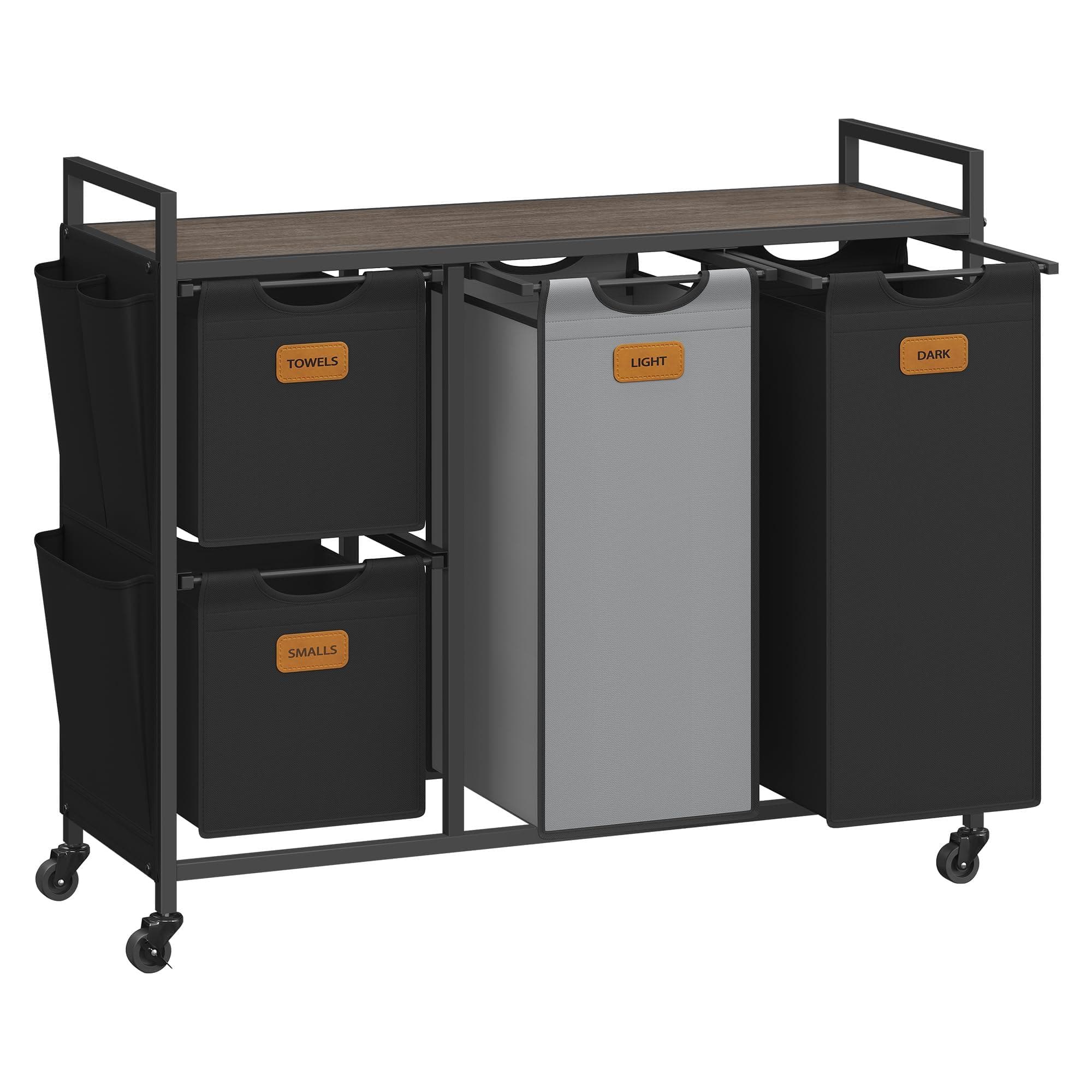 JETRANSPORT - Laundry Hamper With 2 Compartments 26.4 Gal. (100 L) Sorter Rolling Cart Shelves Removable Liners 6 Labels - Chestnut Brown + Ink Black + Dove Gray 4