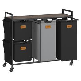JETRANSPORT - Laundry Hamper With 2 Compartments 26.4 Gal. (100 L) Sorter Rolling Cart Shelves Removable Liners 6 Labels - Chestnut Brown + Ink Black + Dove Gray 4