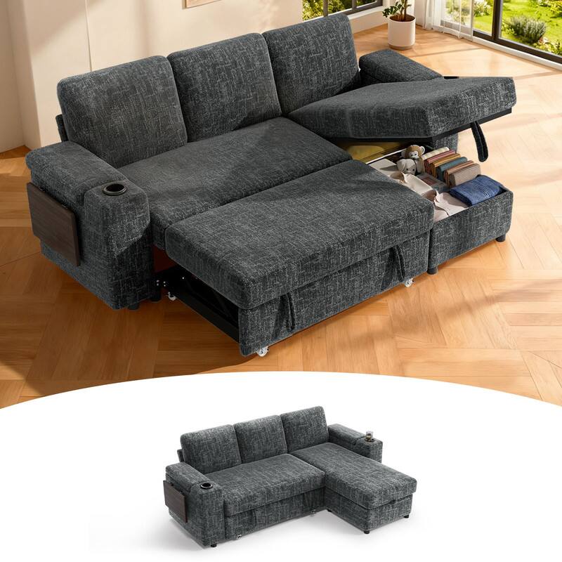 Angle. Dyonery - 85" Modular Sectional Sofa with Pull Out Bed,Chenille Fabric 3 Seat Sectional Sleeper Sofa with Storage,for Living Room - Gray.