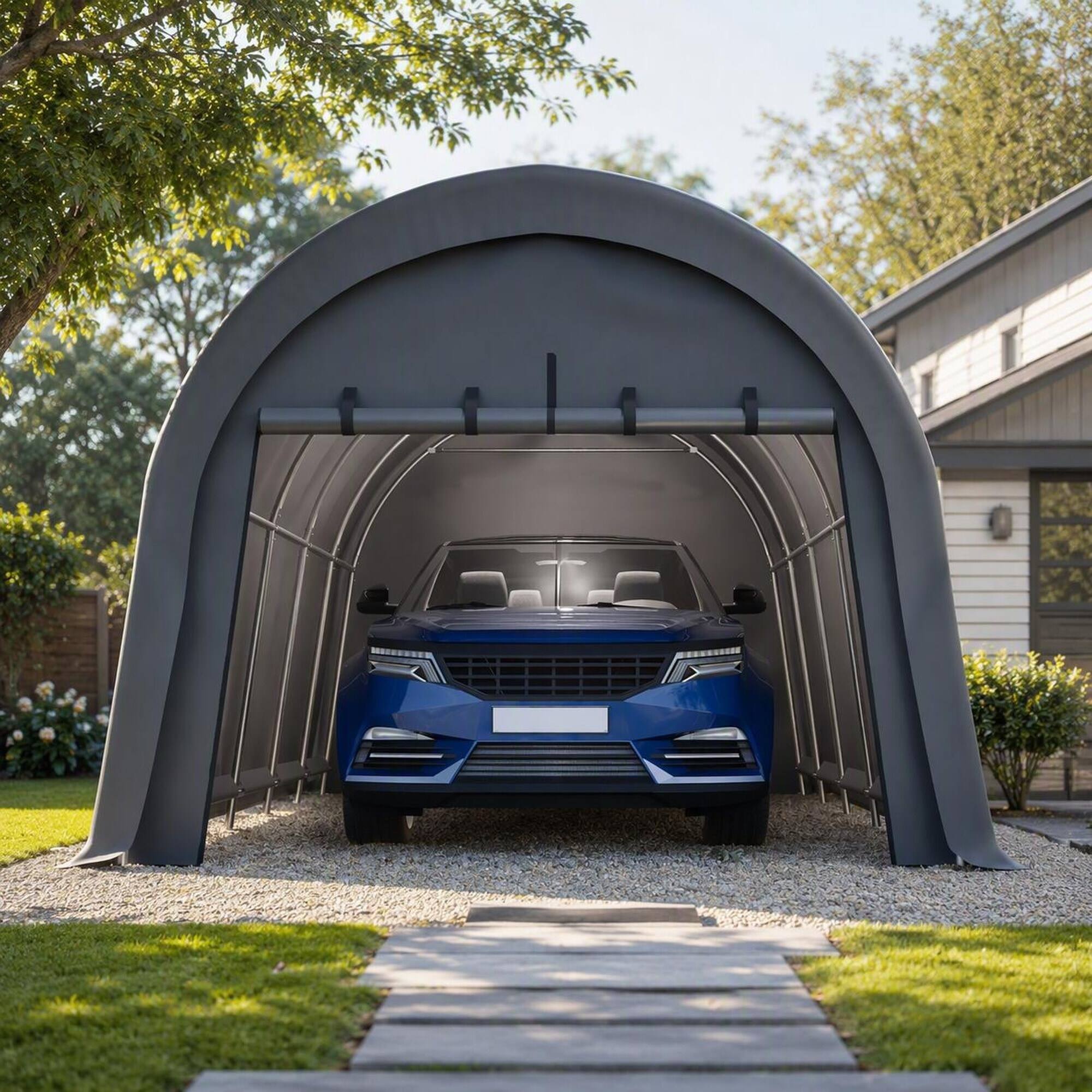 Left. RYHNUYNE - 12x20 FT Carport Canopy Steel Frame Dome Roof Double-Zipper Doors Waterproof Garage - Grey.