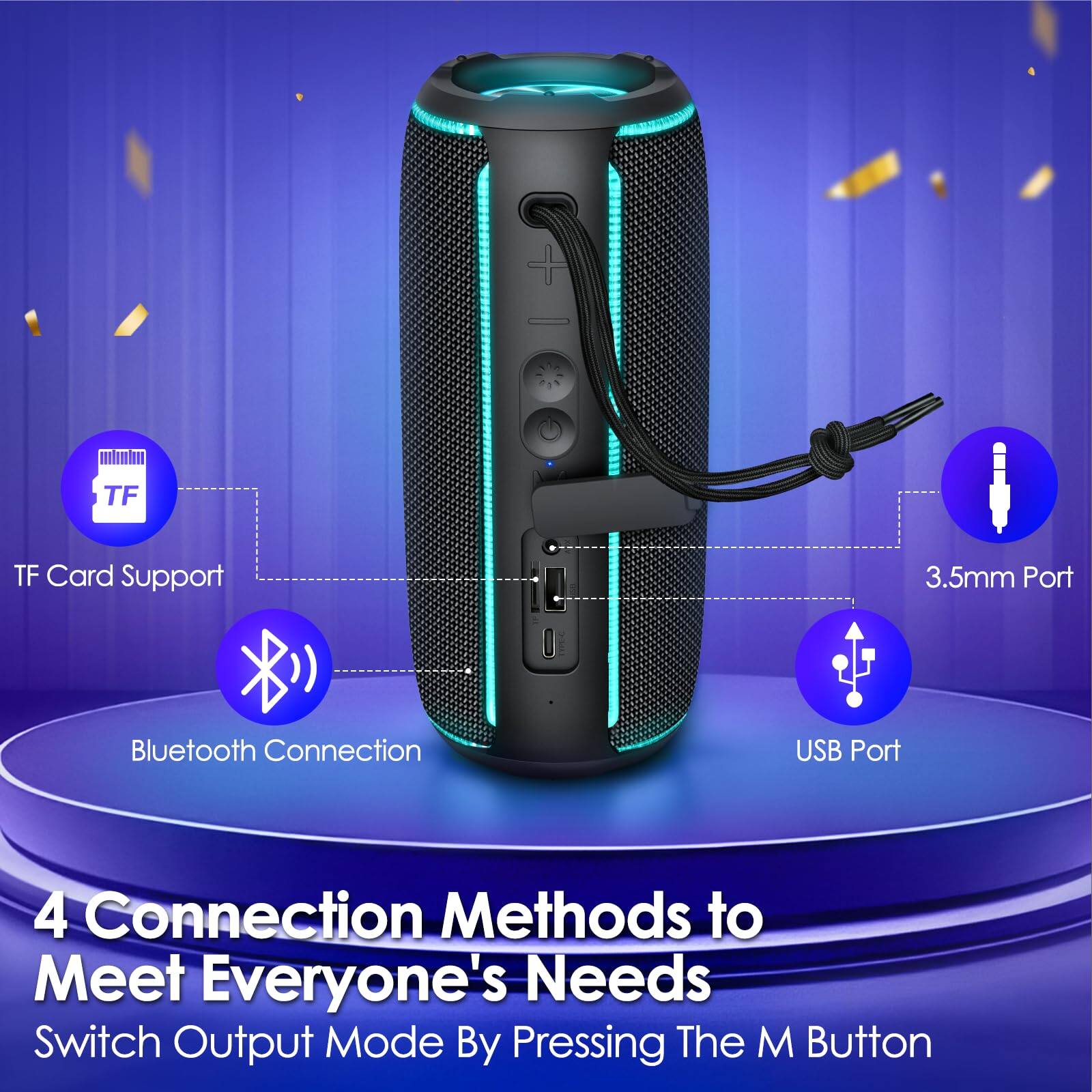 TF Card Support  
3.5mm Port  
Bluetooth Connection  
USB Port  

4 Connection Methods to Meet Everyone's Needs  
Switch Output Mode By Pressing The M Button