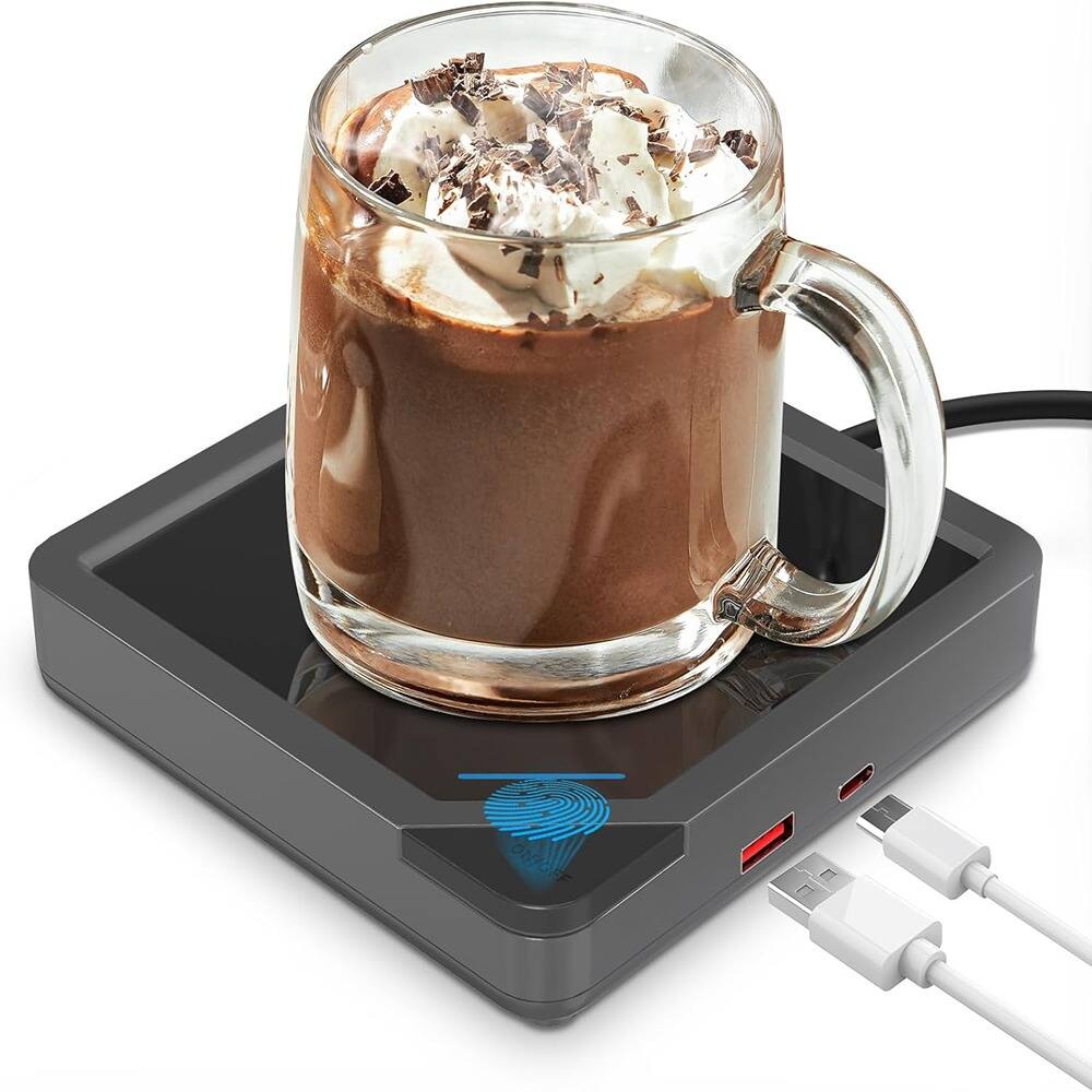 Front. Schertz - Coffee Mug Warmer – 2 USB Ports, Auto Shut-Off, Black - Black/Wood Grain/ Gray/ White Model: U1.