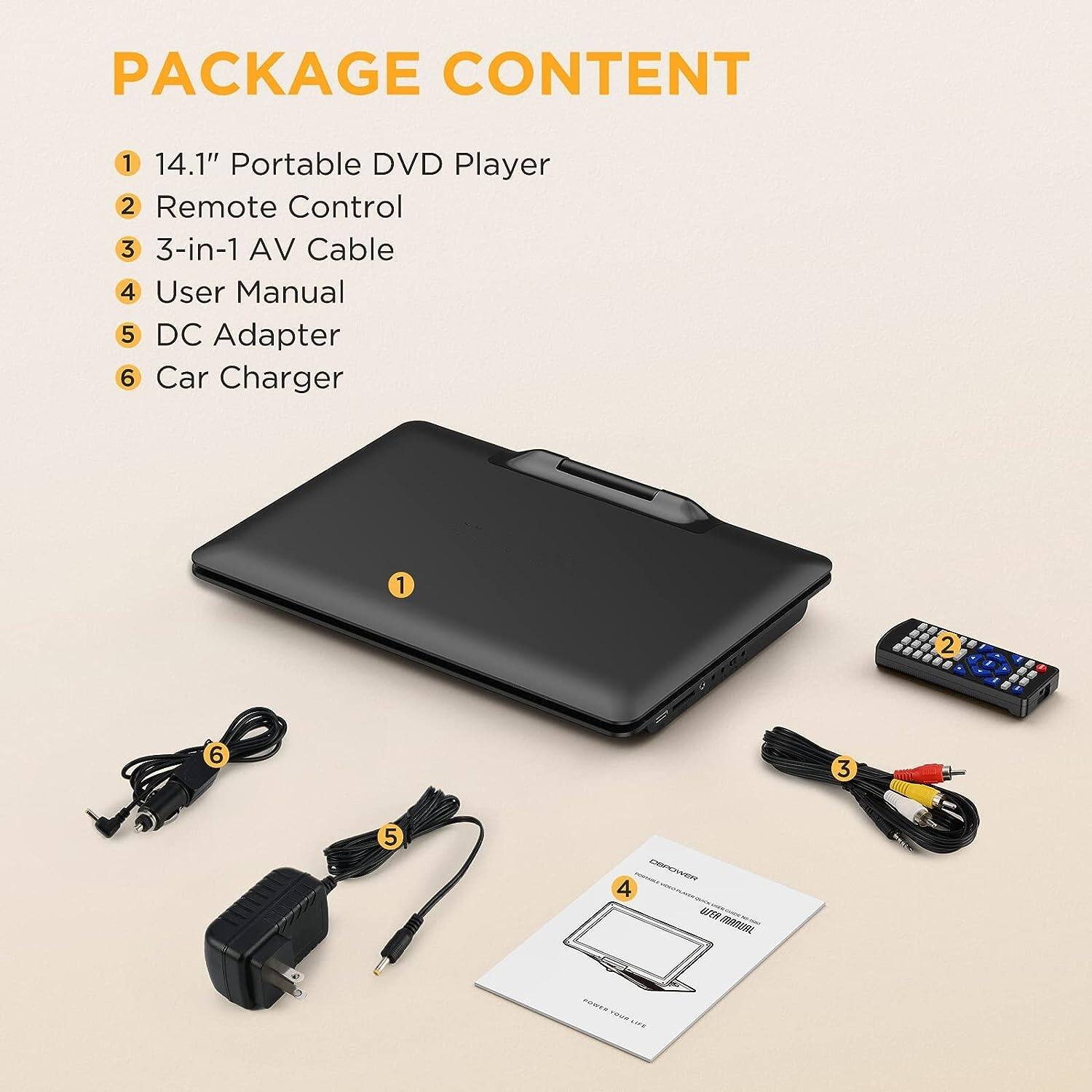 PACKAGE CONTENT

1. 14.1" Portable DVD Player
2. Remote Control
3. 3-in-1 AV Cable
4. User Manual
5. DC Adapter
6. Car Charger