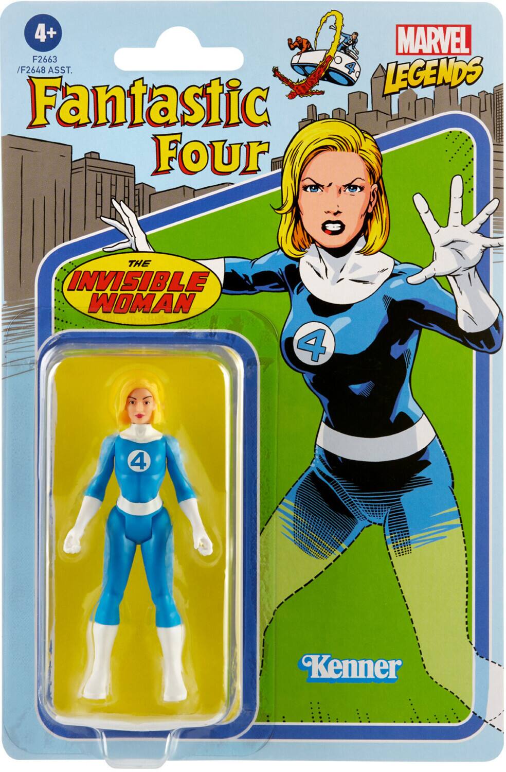 4+  
F2663 / F2648 ASST.  
Fantastic Four  
MARVEL LEGENDS  
THE INVISIBLE WOMAN  
Kenner