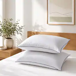 Peace Nest - Goose Feather Bed Pillows with Navy Piping Set of 2, Queen - White