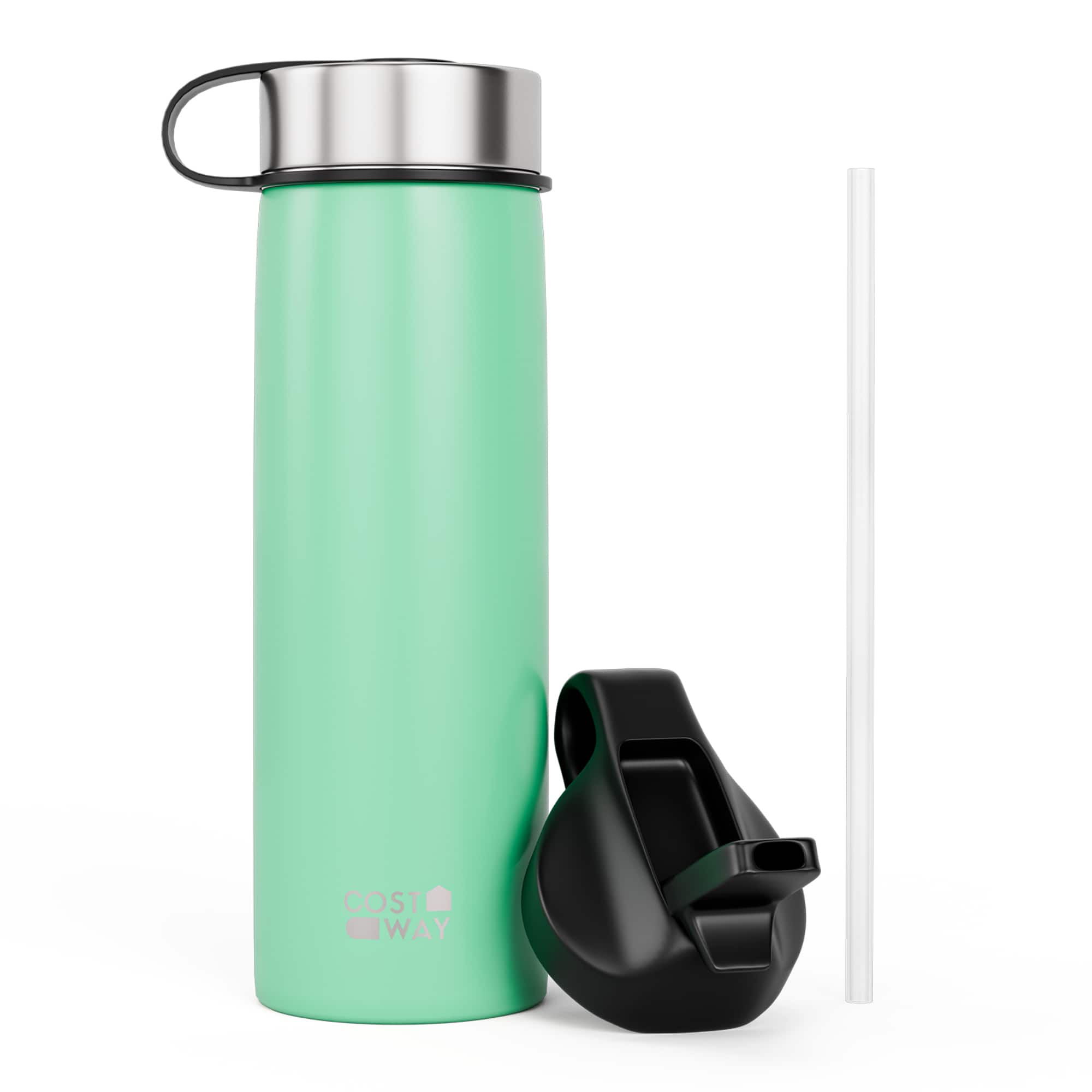 Costway - 22 oz Double Wall Insulated Water Bottle Stainless Steel w/ 2 Lids & Straw - Turquoise