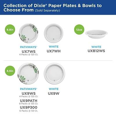 Collection of Dixie® Paper Plates & Bowls to Choose From (Sold Separately)

6.8in 12oz
PATHWAYS® UX7WS
4 Packs @ 125 Ct.
WHITE UX7WH

8.5in
PATHWAYS® UX9WS
4 Packs @ 125 Ct.
WHITE UX9W
8 Packs @ 125 Ct.
UX9PATH
6 Packs @ 50 Ct.
UX9P300