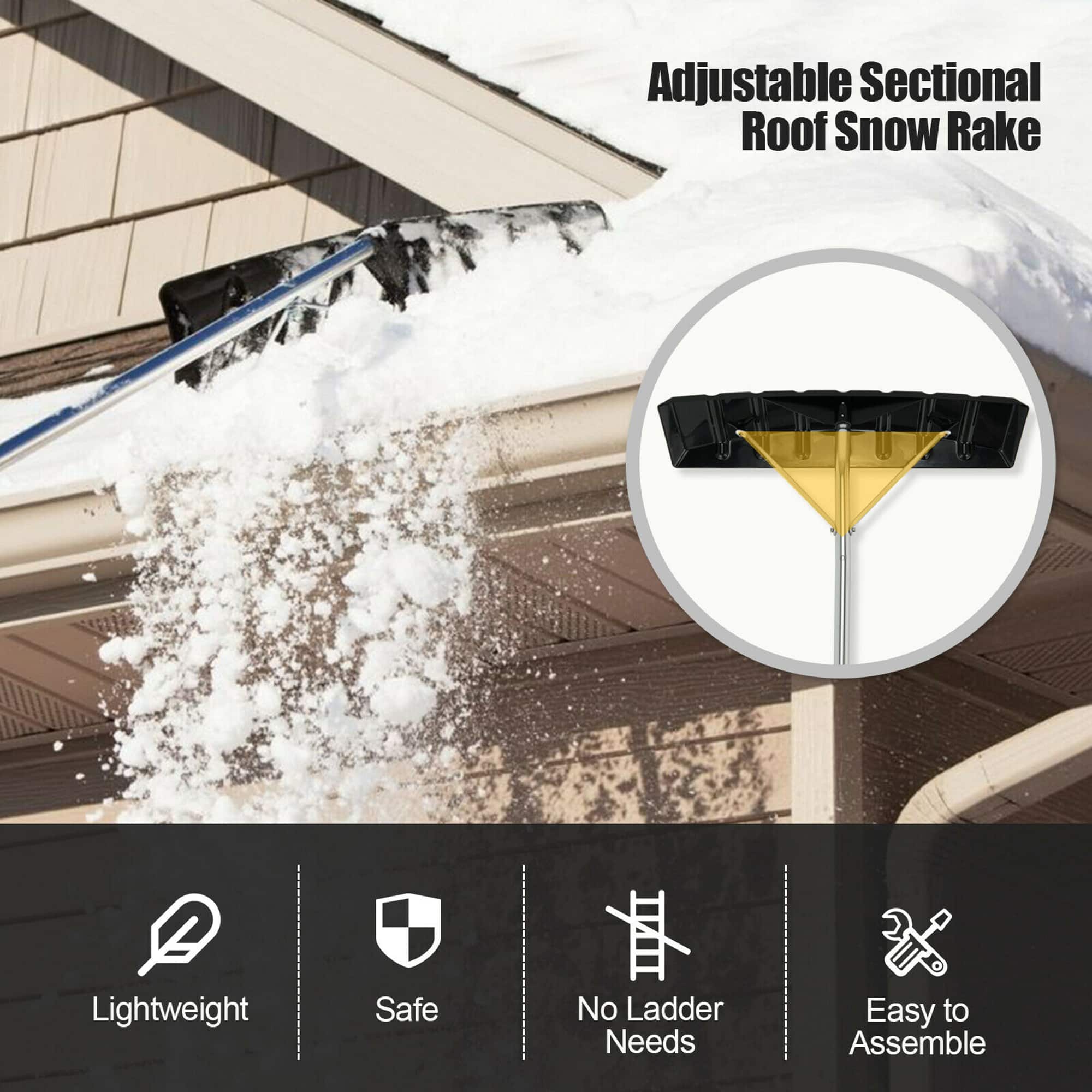 Adjustable Sectional Roof Snow Rake Lightweight Safe No Ladder Needs Easy to Assemble