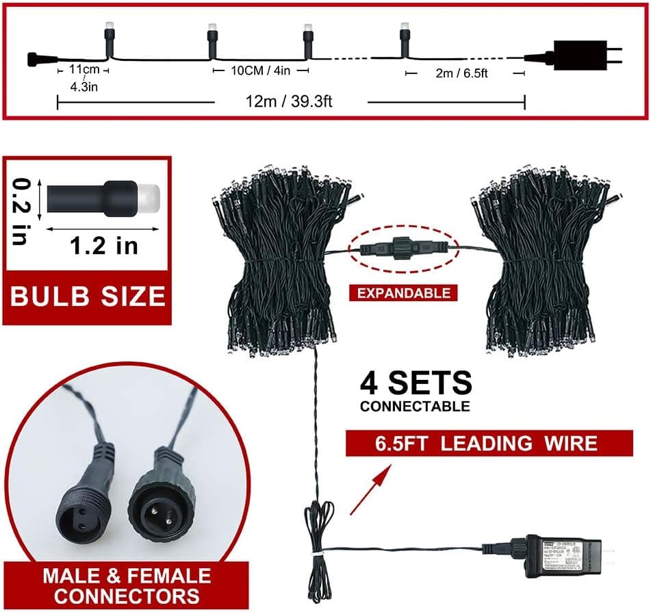 - T 11cm T f 4.3in
- 10CM / 4in
- 12m / 39.3ft
- 2m / 6.5ft
- 0.2 in
- 1.2 in
- BULB SIZE
- EXPANDABLE
- 4 SETS
- CONNECTABLE
- 6.5FT LEADING WIRE
- MALE & FEMALE CONNECTORS