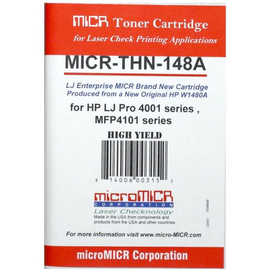 MICR Toner Cartridge for Laser Check Printing Applications  
MICR-THN-148A  

LJ Enterprise MICR Brand New Cartridge  
Produced from a New Original HP W1480A  
for HP LJ Pro 4001 series, MFP4101 series  

HIGH YIELD  

microMICR Corporation  
Laser Check Technology  
Made in the USA from components and products from the USA and other countries.  

For more information visit www.micro-MICR.com  

microMICR Corporation  

1XW049  
220927
