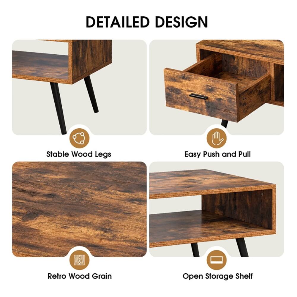 DETAILED DESIGN

- Stable Wood Legs
- Easy Push and Pull
- Retro Wood Grain
- Open Storage Shelf