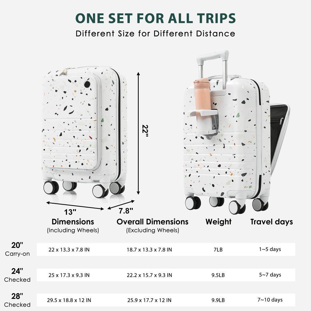 ONE SET FOR ALL TRIPS  
Different Size for Different Distance

20" Carry-on  
Dimensions (Including Wheels): 22" x 13.3" x 7.8"  
Overall Dimensions (Excluding Wheels): 18.7" x 13.3" x 7.8"  
Weight: 7LB  
Travel days: 1~5 days

24" Checked  
Dimensions (Including Wheels): 25" x 17.3" x 9.3"  
Overall Dimensions (Excluding Wheels): 22.2" x 15.7" x 9.3"  
Weight: 9.5LB  
Travel days: 5~7 days

28" Checked  
Dimensions (Including Wheels): 29.5" x 18.8" x 12"  
Overall Dimensions (Excluding Wheels): 25.9" x 17.7" x 12"  
Weight: 9.9LB  
Travel days: 7~10 days