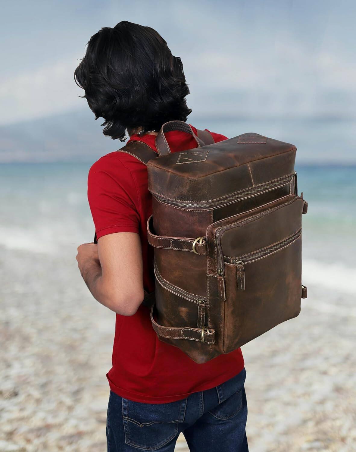 Alt View 2. Circus Cirle - Circus Cirle Genuine Retro Leather Backpack - Brown.