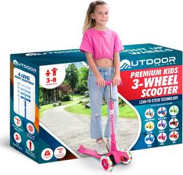 Outdoor Cruiser - 3-Wheel Scooter – LED Wheels, 4-Level Adjustable Handle, for Kids Ages 3-8 - Pink