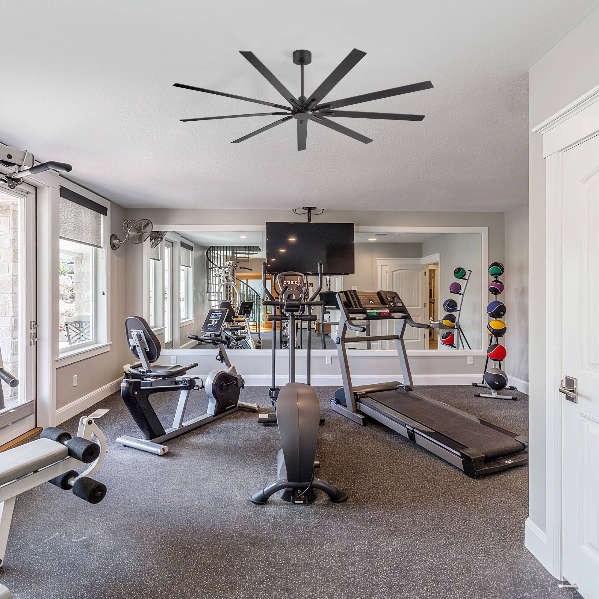 Alt View 1. Breezary - 84 Inch Great Ceiling Fan with Remote Control, 9 Reversible Plywood Blades, DC Motor, 3 Downrods, Light/No Light Options - Black (Without Light).