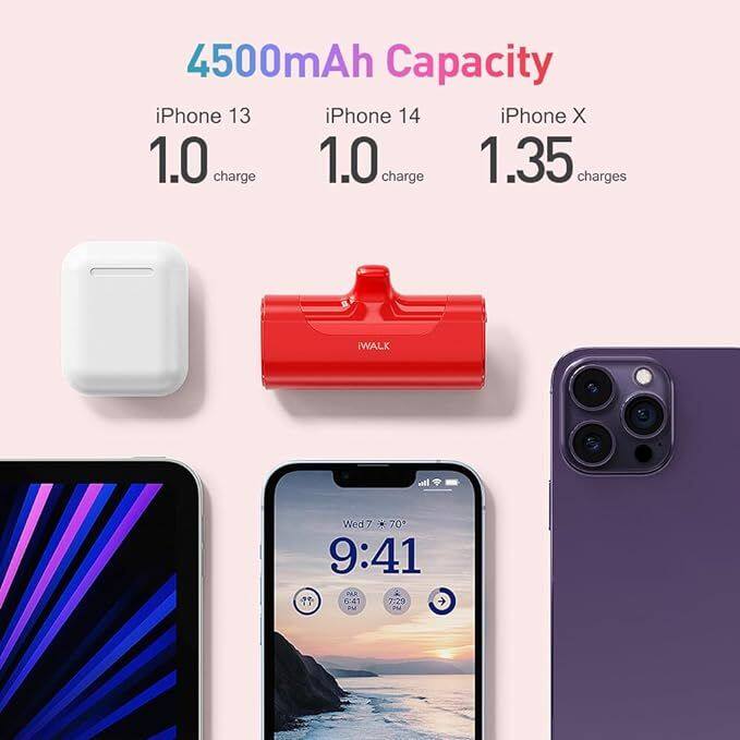 4500mAh Capacity

iPhone 13: 1.0 charge  
iPhone 14: 1.0 charge  
iPhone X: 1.35 charges  

WALK  

Wed 7 - 70  
9:41  
PAR 00  
6:41  
7:29