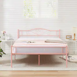 Vecelo - 14" Queen Metal Bed Frame with Headboard&Footboard, Heavy Duty Steel Slats, No Box Spring, -Easy Assembly - Pink