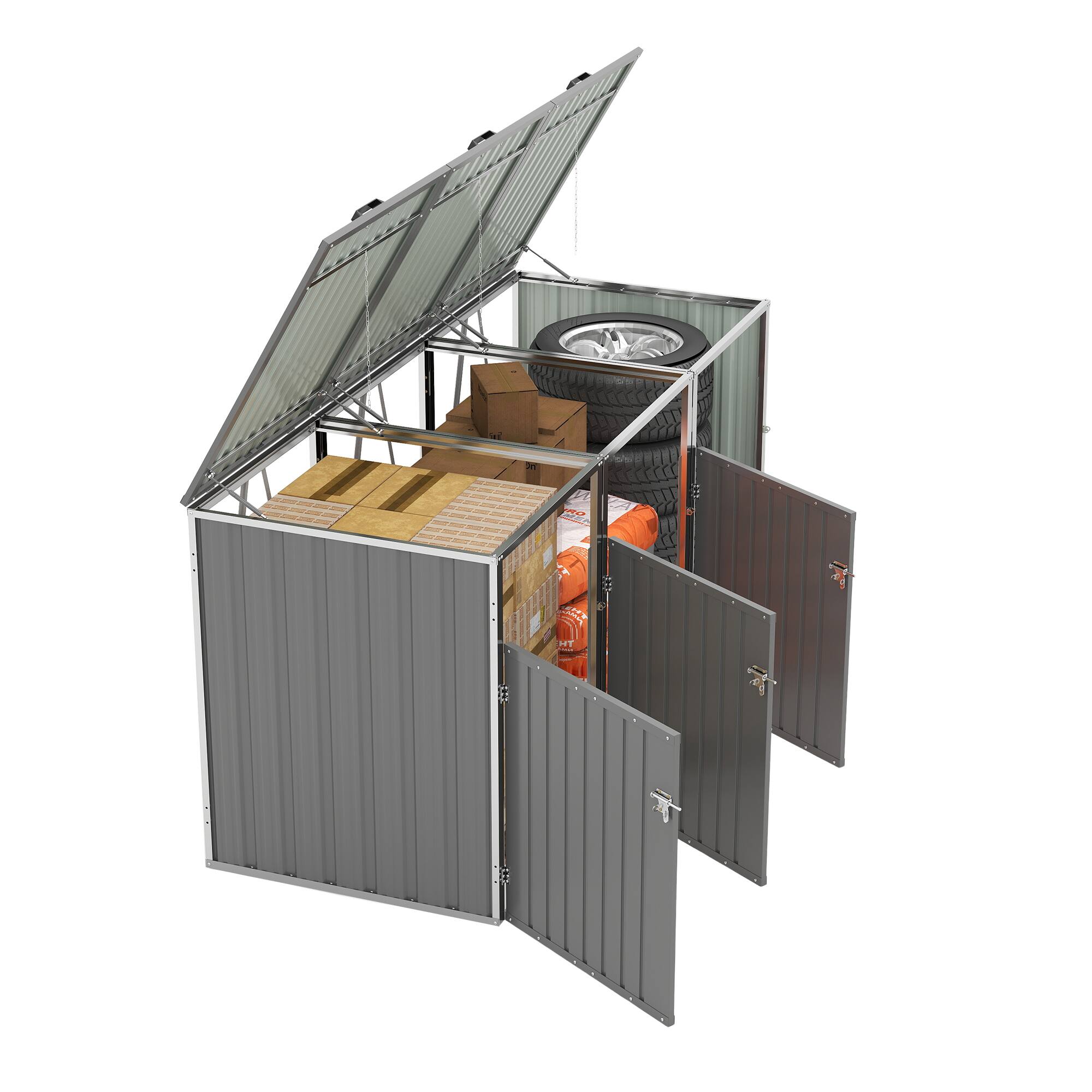 Alt View 8. Mondawe - 3 Trash Garbage Bin Shed Stores with Pneumatic Support Rod,Lockable Doors & Waterproof Lid Chain - Light Gray.