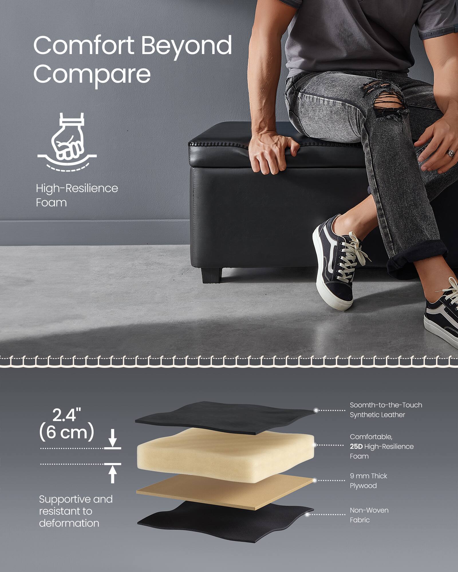 Comfort Beyond Compare

High-Resilience Foam

2.4" (6 cm)

Supportive and resistant to deformation

Smooth-to-the-Touch Synthetic Leather

Comfortable, 25D High-Resilience Foam

9 mm Thick Plywood

Non-Woven Fabric