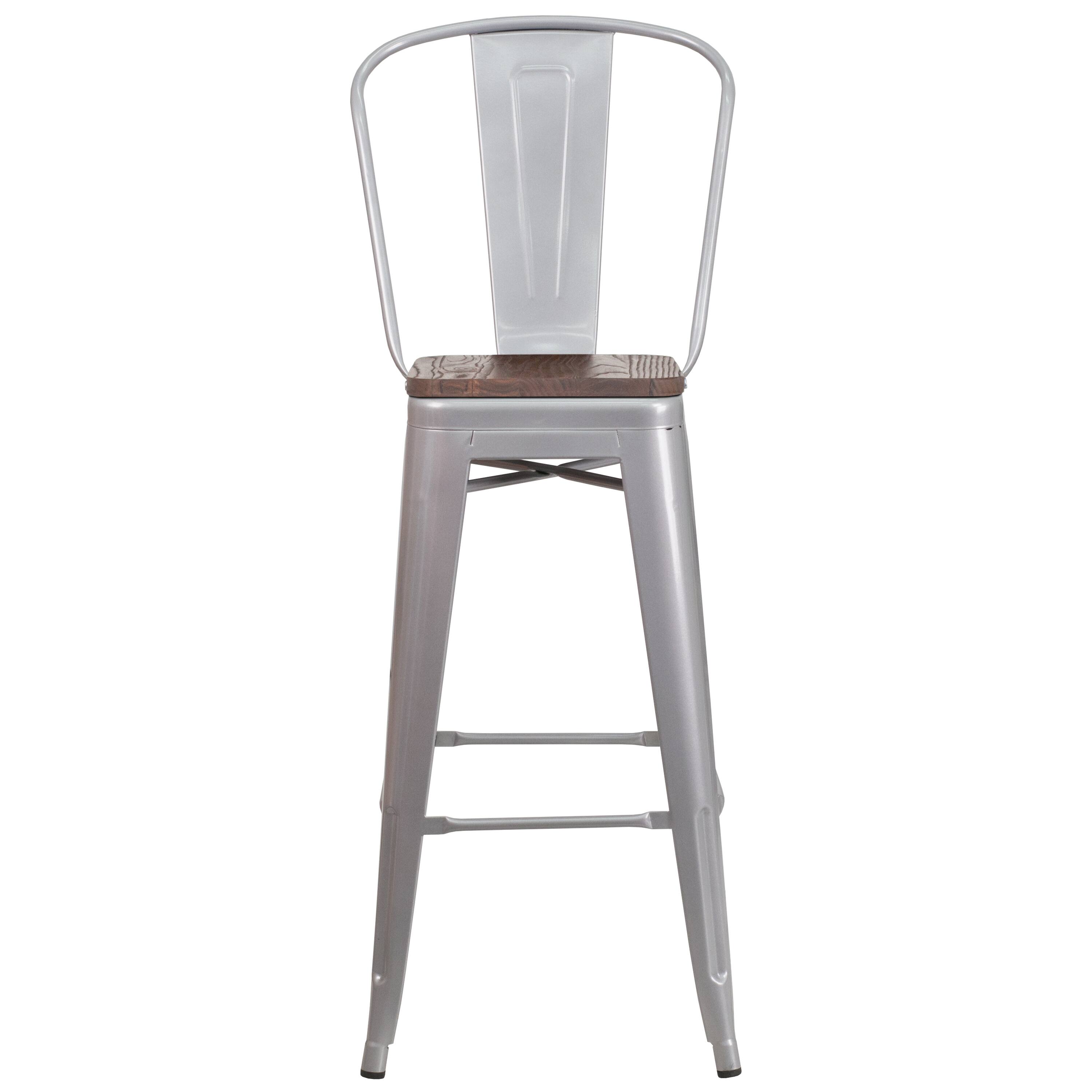 Alt View 7. Emma + Oliver - 30"H Metal Dining Barstool with Back and Square Wood Seat - Silver.