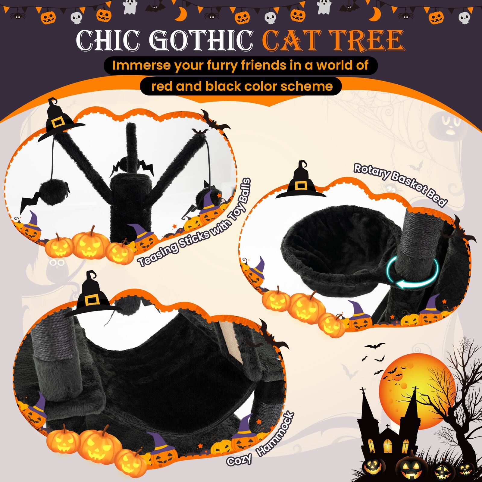 CHIC GOTHIC CAT TREE  
Immerse your furry friends in a world of red and black color scheme  

- Teasing Sticks with Toy Balls  
- Rotary Basket Bed  
- Cozy Hammock