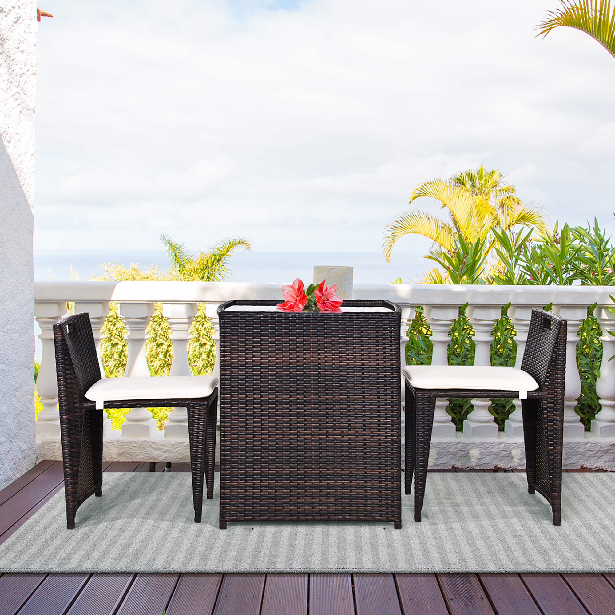Costway - 3PCS Outdoor Patio Rattan Furniture Set Space Saving Garden Deck W/Cushion No Assembly - Brown