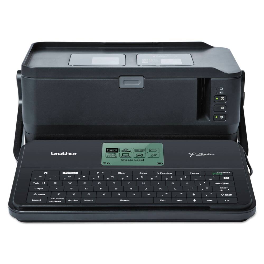 Sure, here is the corrected and grouped text from the image:

---

**Brother P-touch**

**Create Label**

- Format
- Clear
- Save
- Preview
- Pause
- Print
- Next
- Enter
- OK

**Keyboard Layout:**

- Tab
- 1
- 2
- 3
- 4
- 5
- 6
- 7
- 8
- 9
- 0
- -
- =
- Caps
- A
- S
- D
- F
- G
- H
- J
- K
- L
- Enter
- Shift
- Z
- X
- C
- V
- B
- N
- M
- , 
- .
- /
- Space
- Insert
- Serialize
- Symbol
- Accent
- Eos

**Print Options:**

- Print
- Next
- Enter
- OK

---

This text is organized based on the layout and functionality of the label maker.