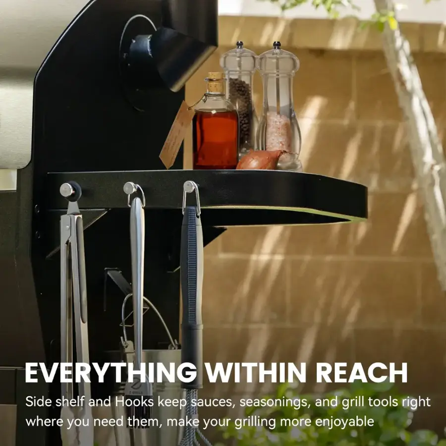 EVERYTHING WITHIN REACH: 1. Grill Side Shelf and Hooks keep sauces, seasonings, and grill tools right where you need them, making your grilling more enjoyable.
