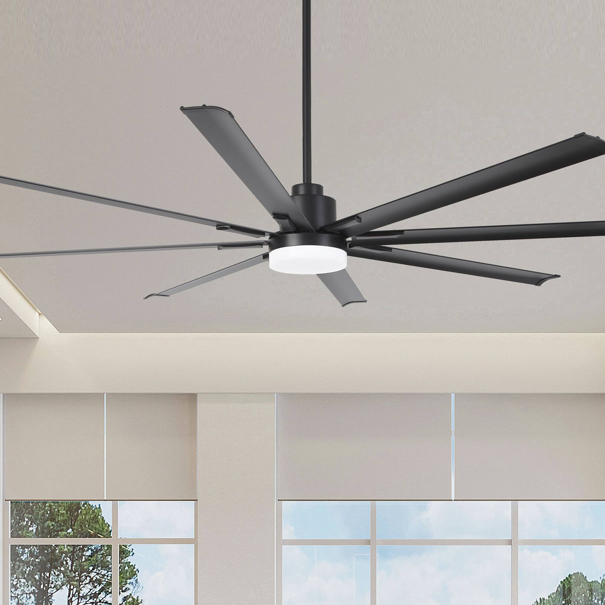 Front. Vaczon - 84" Industrial Aluminum 8-Blade Large Indoor Commercial Ceiling Fan with Dimmable 3CCT LED Light and Remote - Matte Black.