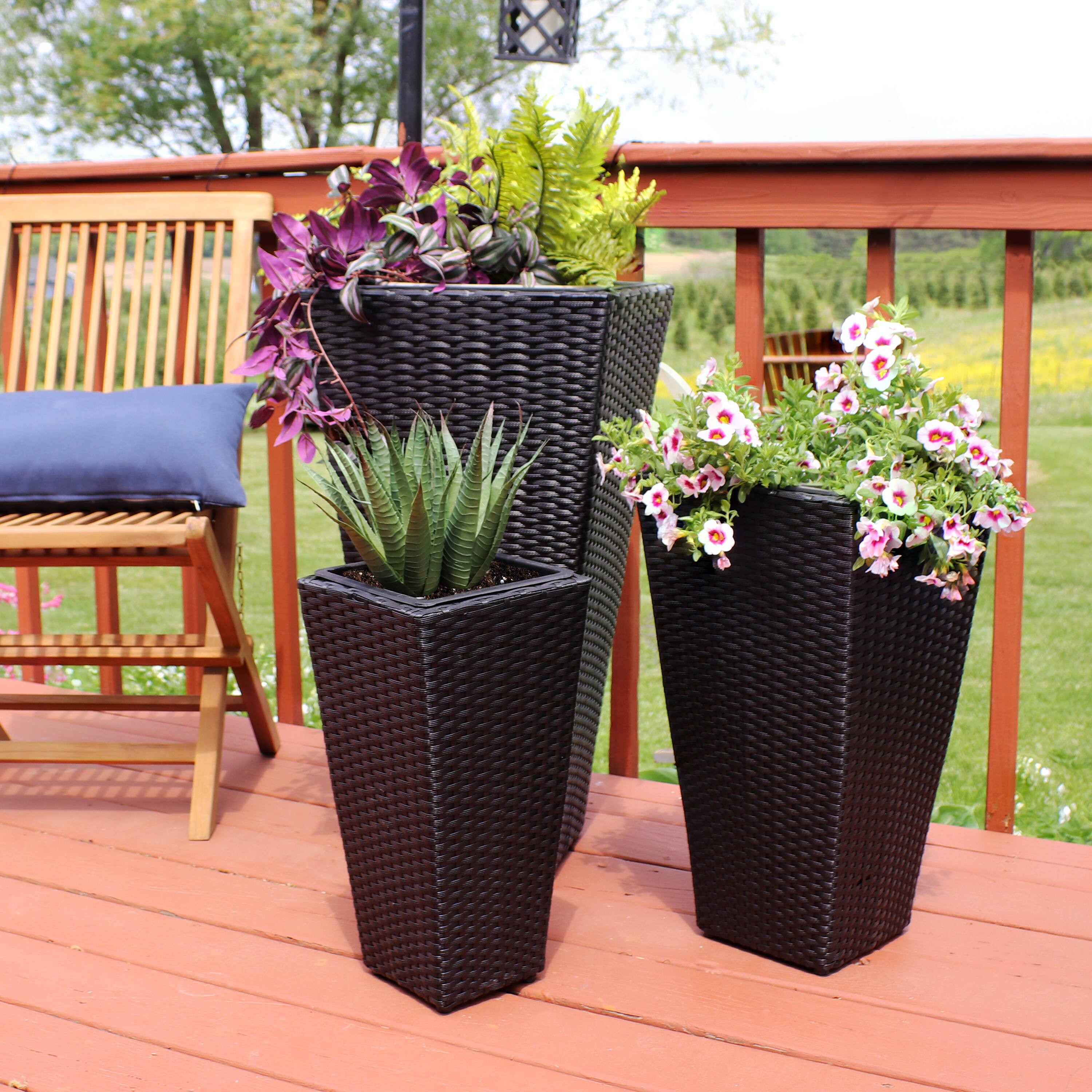 Alt View 1. Sunnydaze - Polyrattan Tall Square Planter - 9 in, 11.5 in, 15 in - Set of 3 - Black.