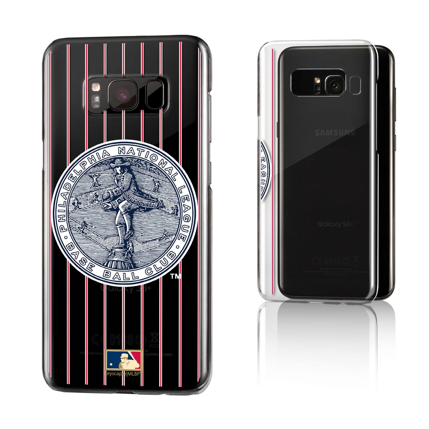 Sure, here is the corrected and grouped text from the image:

---

**Front of the Case:**

- PHILADELPHIA NATIONAL LEAGUE BASEBALL CLUB
- TM
- Galaxy S8+
- C0180
- eyscap MLB
- CHINA

**Back of the Case:**

- SAMSUNG
- Galaxy S8+
- CE0180
- eyscap MLB
- CHINA

---