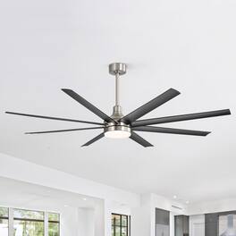 Breezary - 72" Large Indoor Ceiling Fan with Remote, 8 ABS Blades, 6-Speed DC Motor, Timer, 7''/12''Downrods, Light/No Light Option - Satin Nickel and Black(With Light)