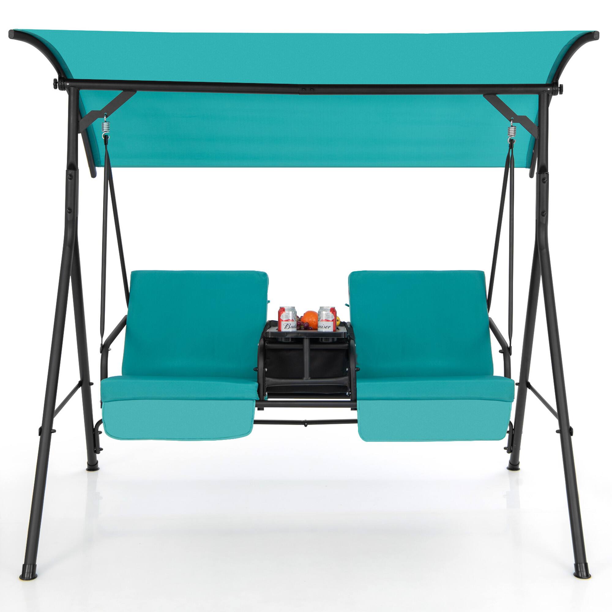 Alt View 9. Gymax - Gymax 2-Person Canopy Porch Swing Padded Chair Cooler Bag Rotatable Tray Turquoise - Turquoise.