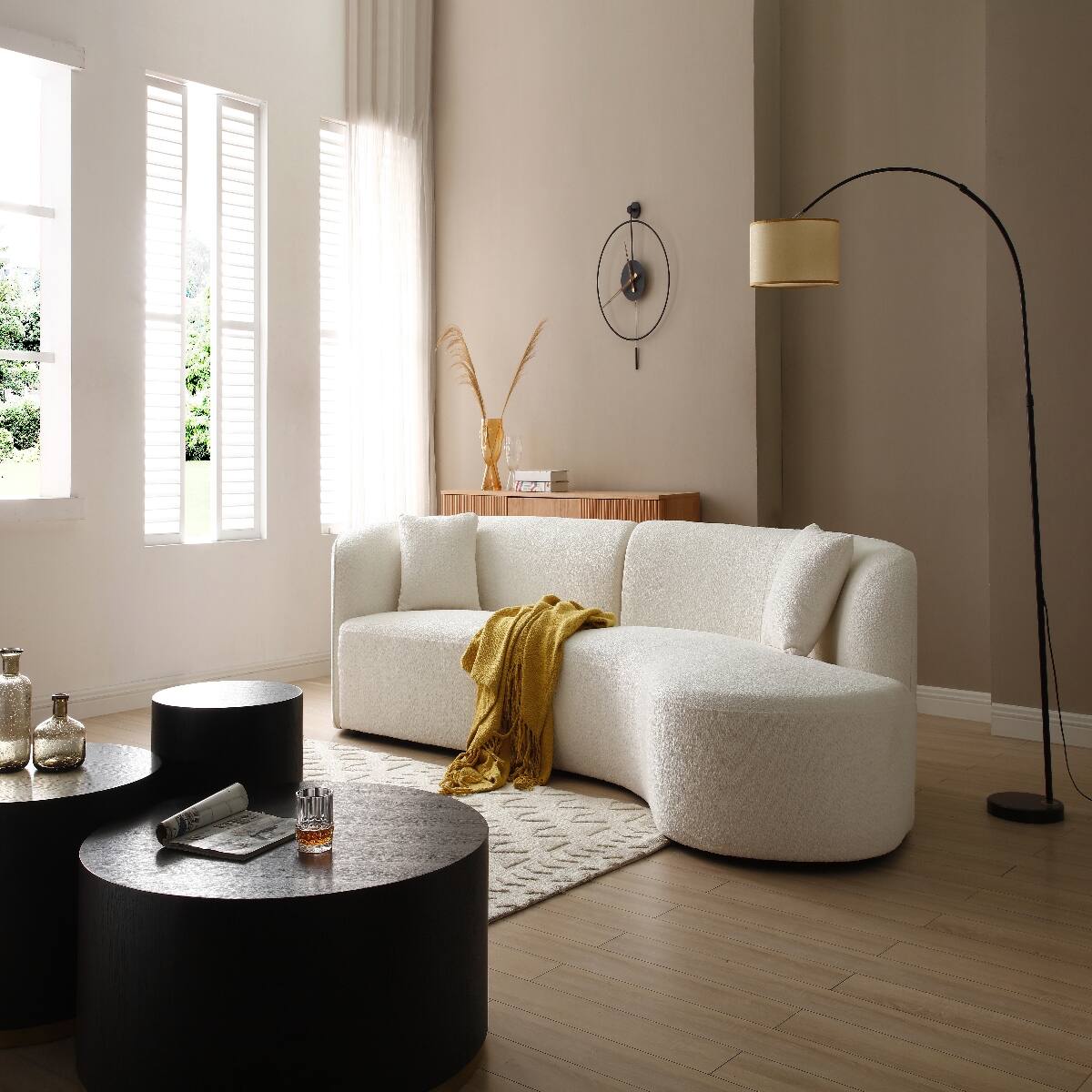 Alt View 1. Ropilly - Ropilly White Boucle Sectional Sofa, Curved Sofa with Chaise, Right Hand Facing Sectional Sofa - White.