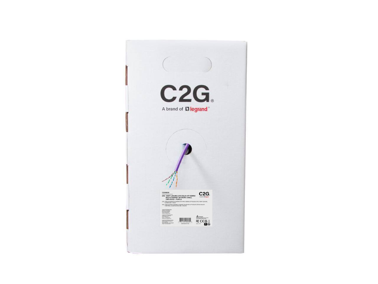 C2G  
A brand of Legrand  

C2G  
CAT6A  
1000 BASE-TX  
10GBASE-T  
UL 444A  
RoHS  
CE  

C2G  
CAT6A  
1000 BASE-TX  
10GBASE-T  
UL 444A  
RoHS  
CE