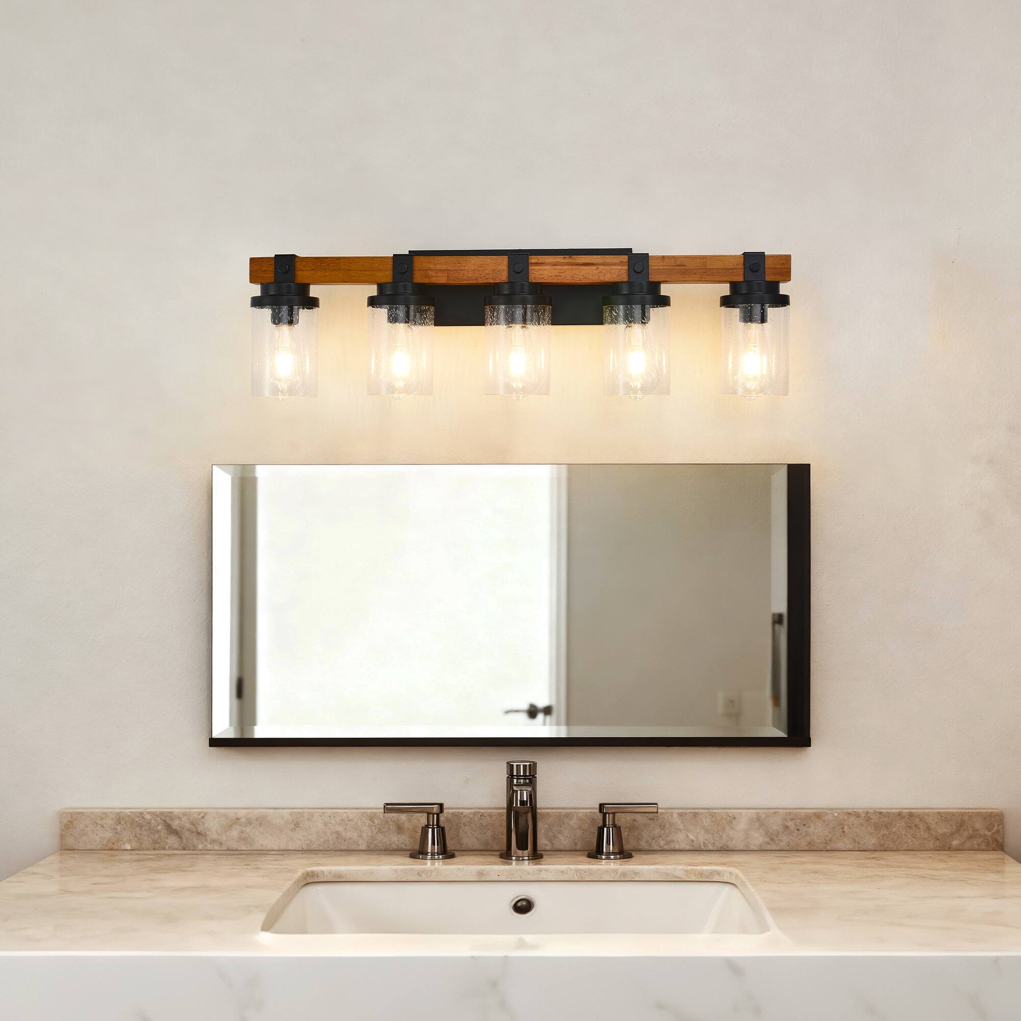 Front. TinyHomie - 5 Light Matte Black Wood Wall Lamps with Glass Lamp Shades No Bulbs For Bathroom Kitchen Dinning Room.