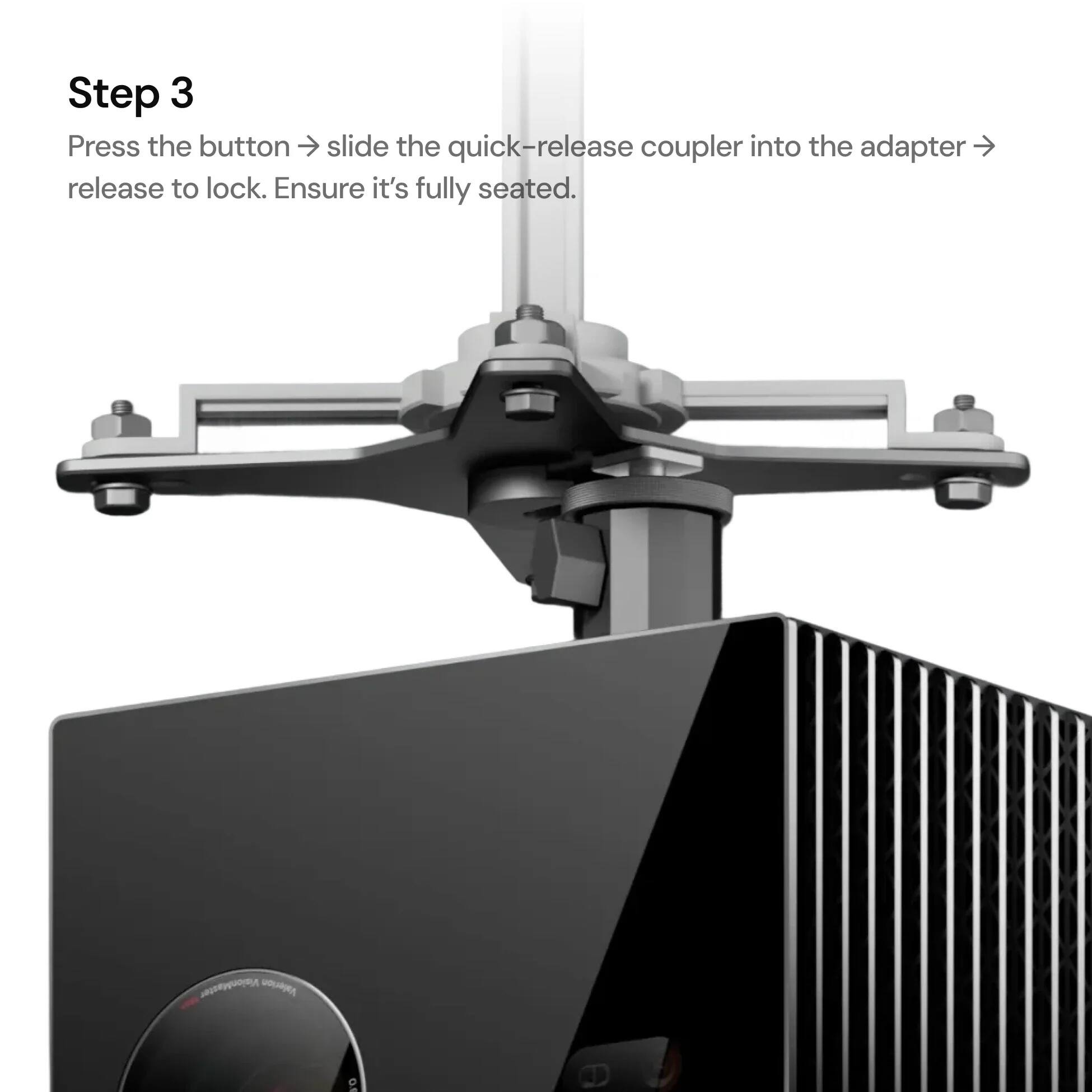 Step 3  
Press the button → slide the quick-release coupler into the adapter → release to lock. Ensure it's fully seated.