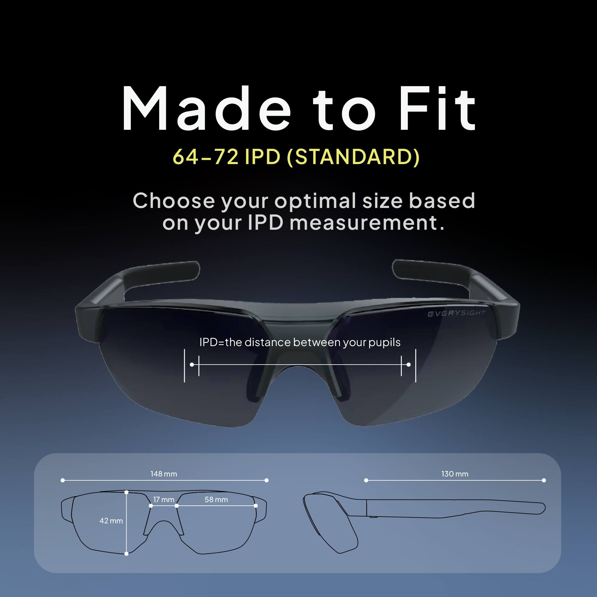 Made to Fit 64-72 IPD (STANDARD)  
Choose your optimal size based on your IPD measurement.  
GVGRYSIGHT  
IPD=the distance between your pupils  
148 mm  
130 mm  
17 mm  
58 mm  
42 mm