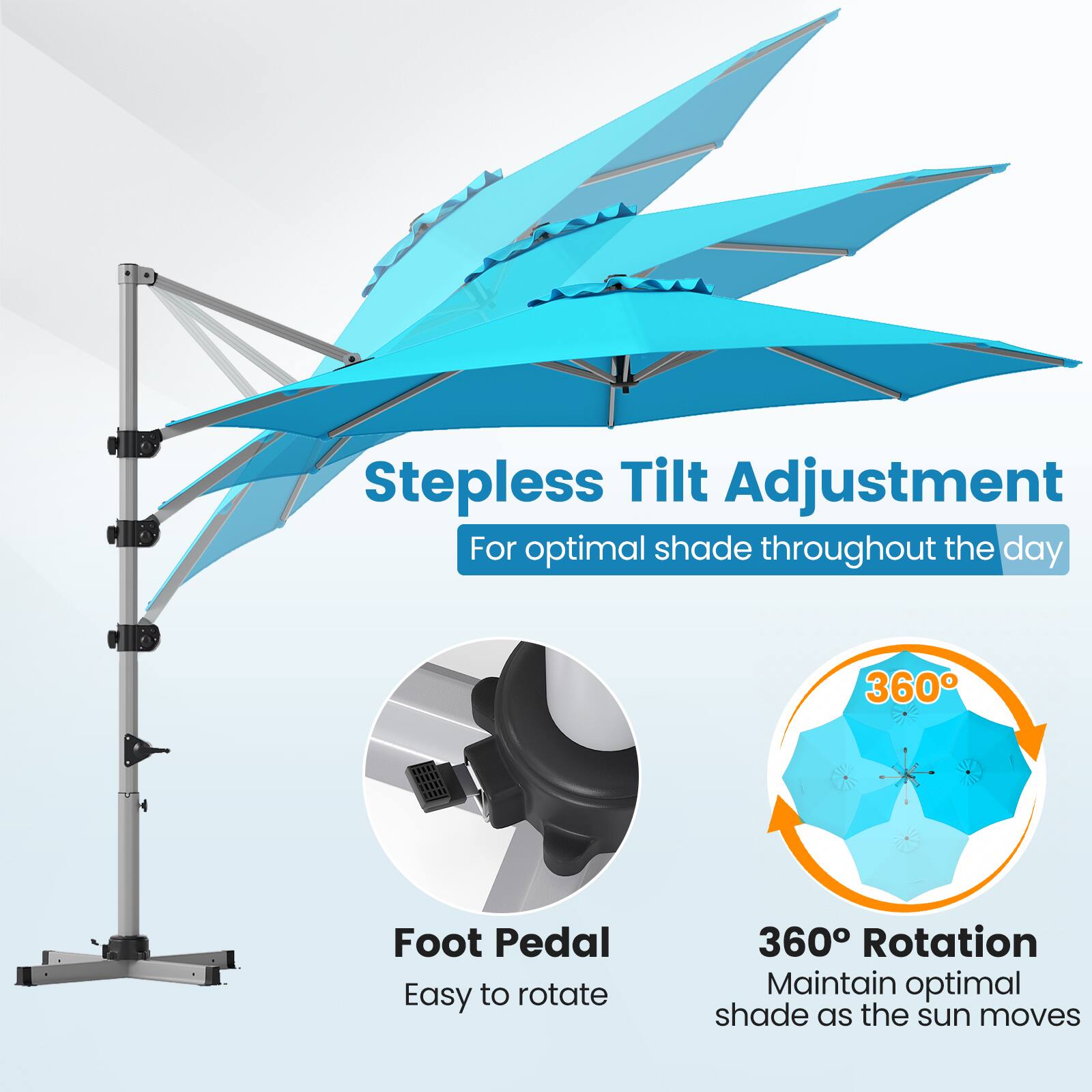 Stepless Tilt Adjustment For optimal shade throughout the day

360°

Foot Pedal Easy to rotate

360° Rotation Maintain optimal shade as the sun moves