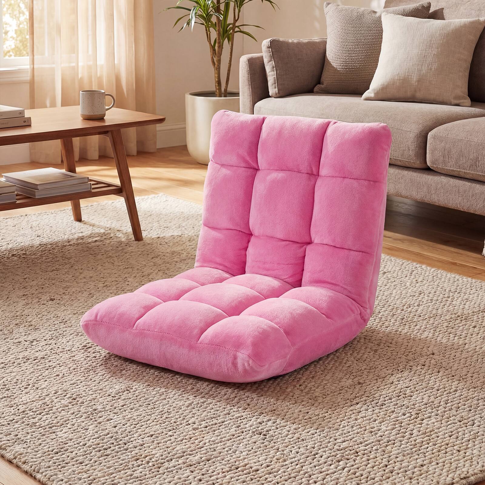 Alt View 2. Costway - Costway Floor Chair with Back Support, 14-Position Adjustable Back, Thick Sponge Padding - Pink.