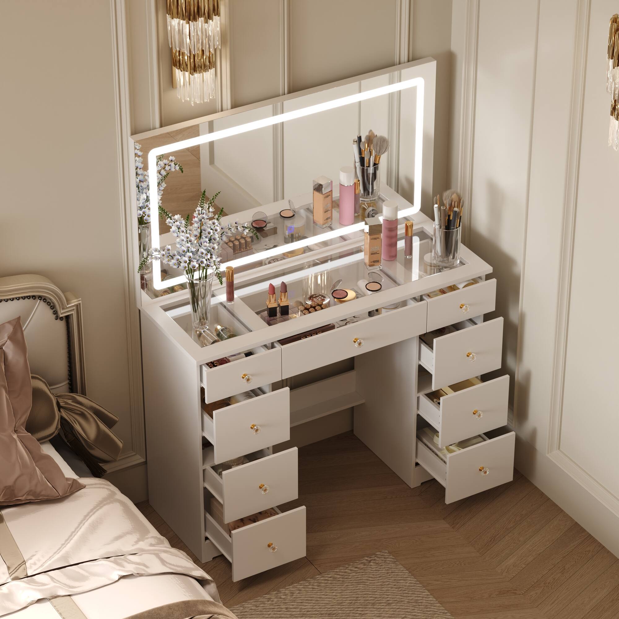 Back. Famapy - Large  3 - Color Lighting LED Vanity Desk with Oversized Illuminated Mirror Ample Storage Drawers & Crystal Knobs - White.