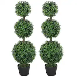 Homcom - Set of 2 Artificial Ball Boxwood Topiary Trees - Green