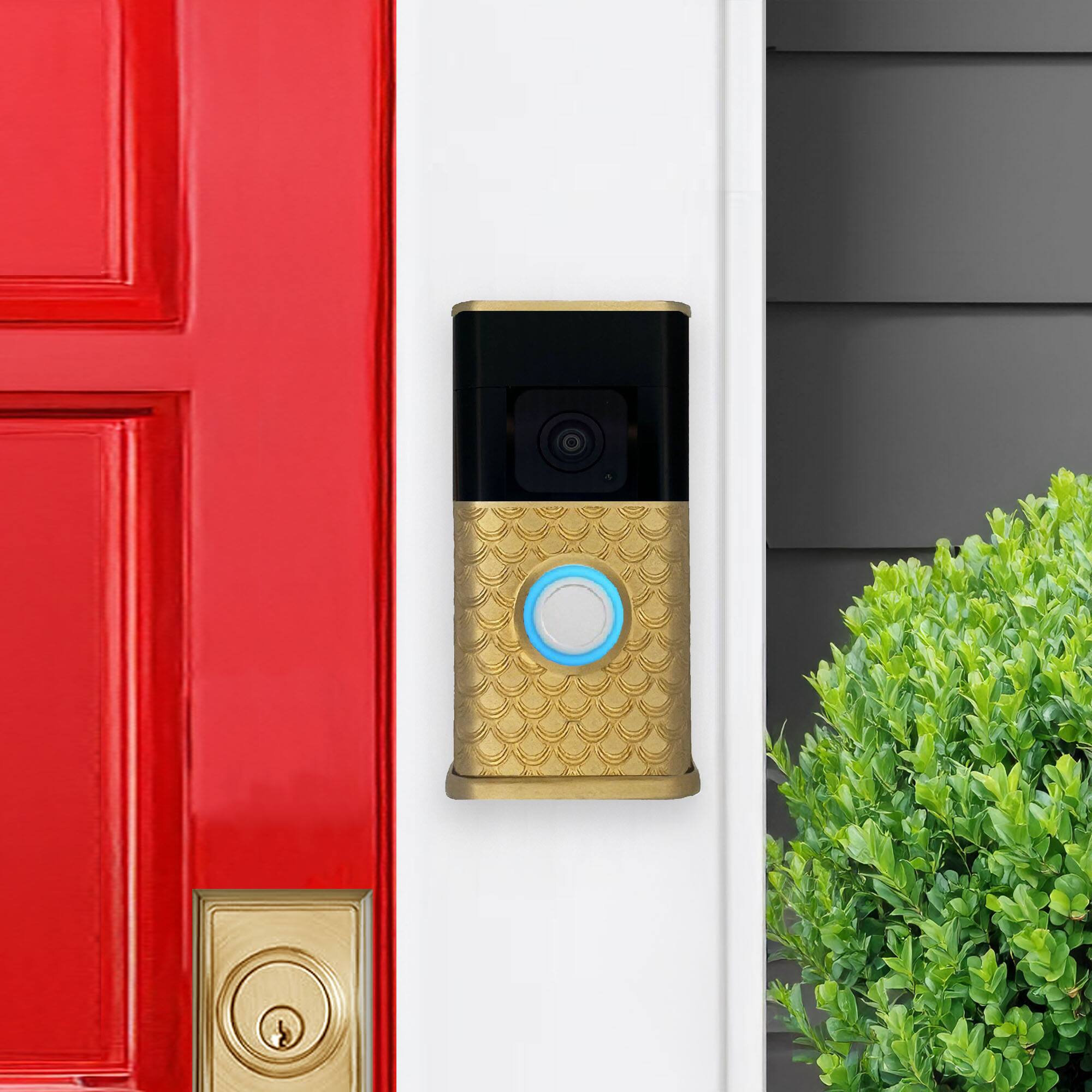 Alt View 3. Michael Healy - Scales Video Doorbell Cover (Ring 3, 3 Plus, 4, Battery Plus and Battery Pro) - Satin Brass.