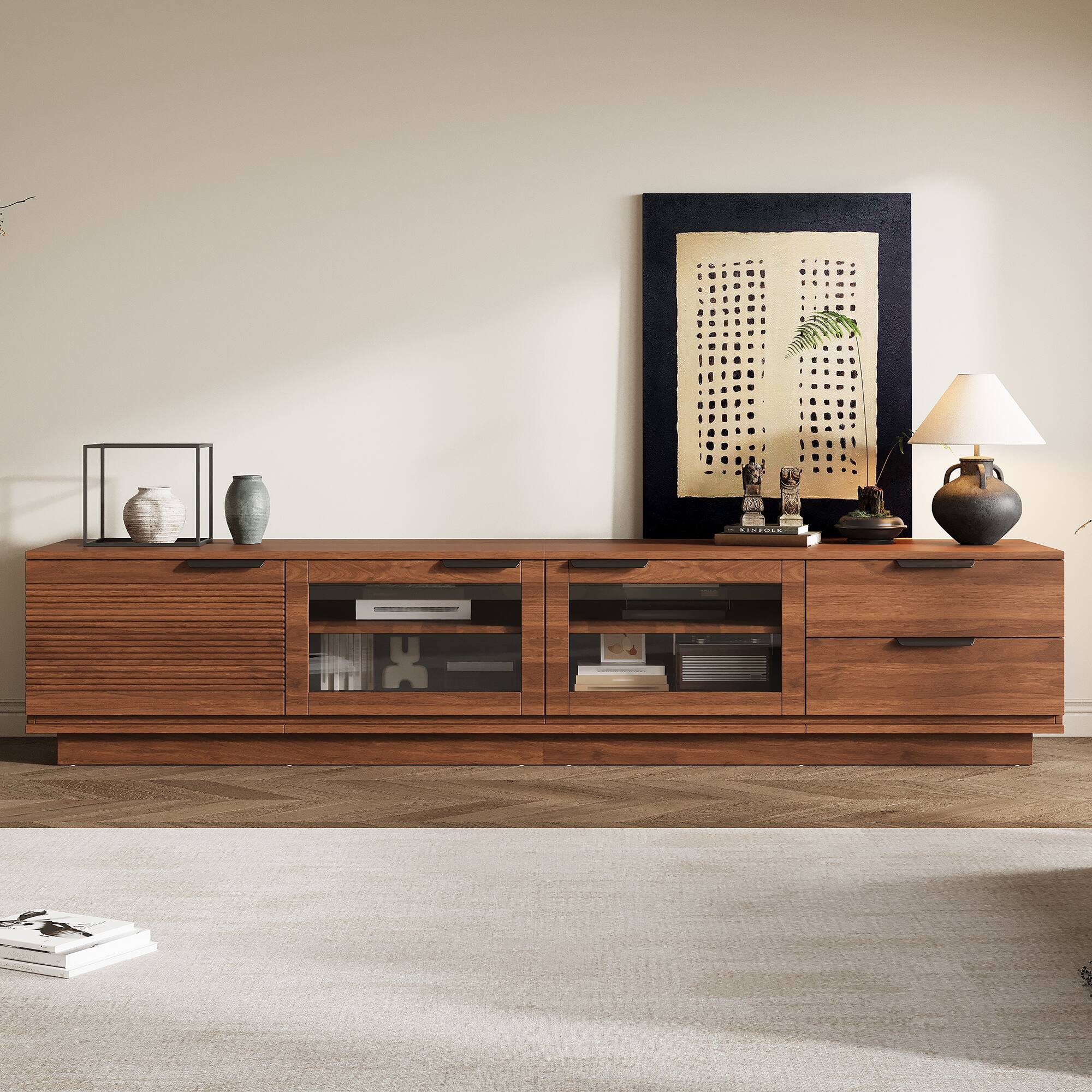 Left. MERAVOM - Mid-Century Modern TV Stand for TVs Up to 85", Entertainment Center with Storage Cabinets and 2 Drawers for Living Room - Walnut.