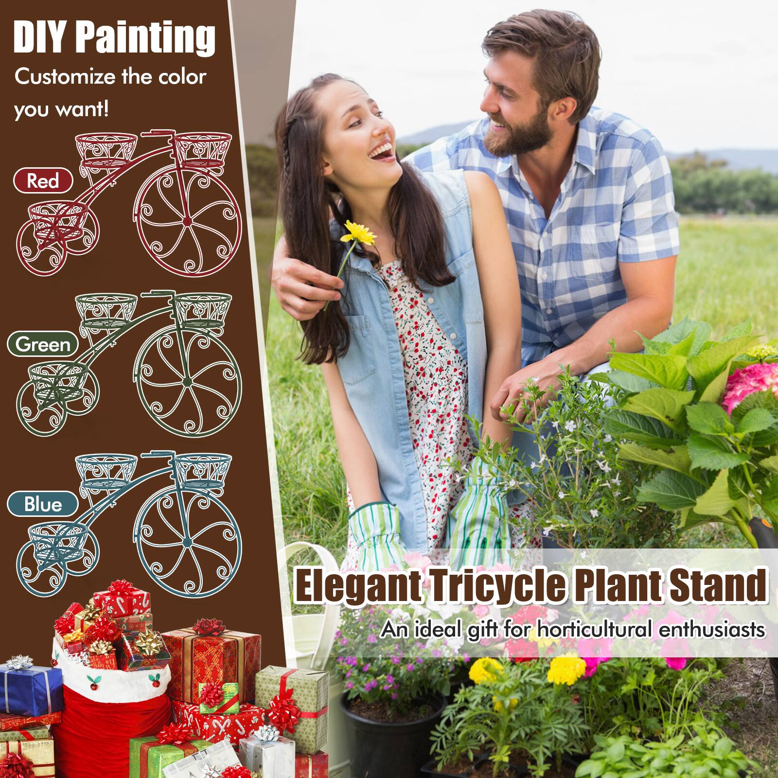 DIY Painting  
Customize the color you want!  
Red  
Green  
Blue  

Elegant Tricycle Plant Stand  
An ideal gift for horticultural enthusiasts
