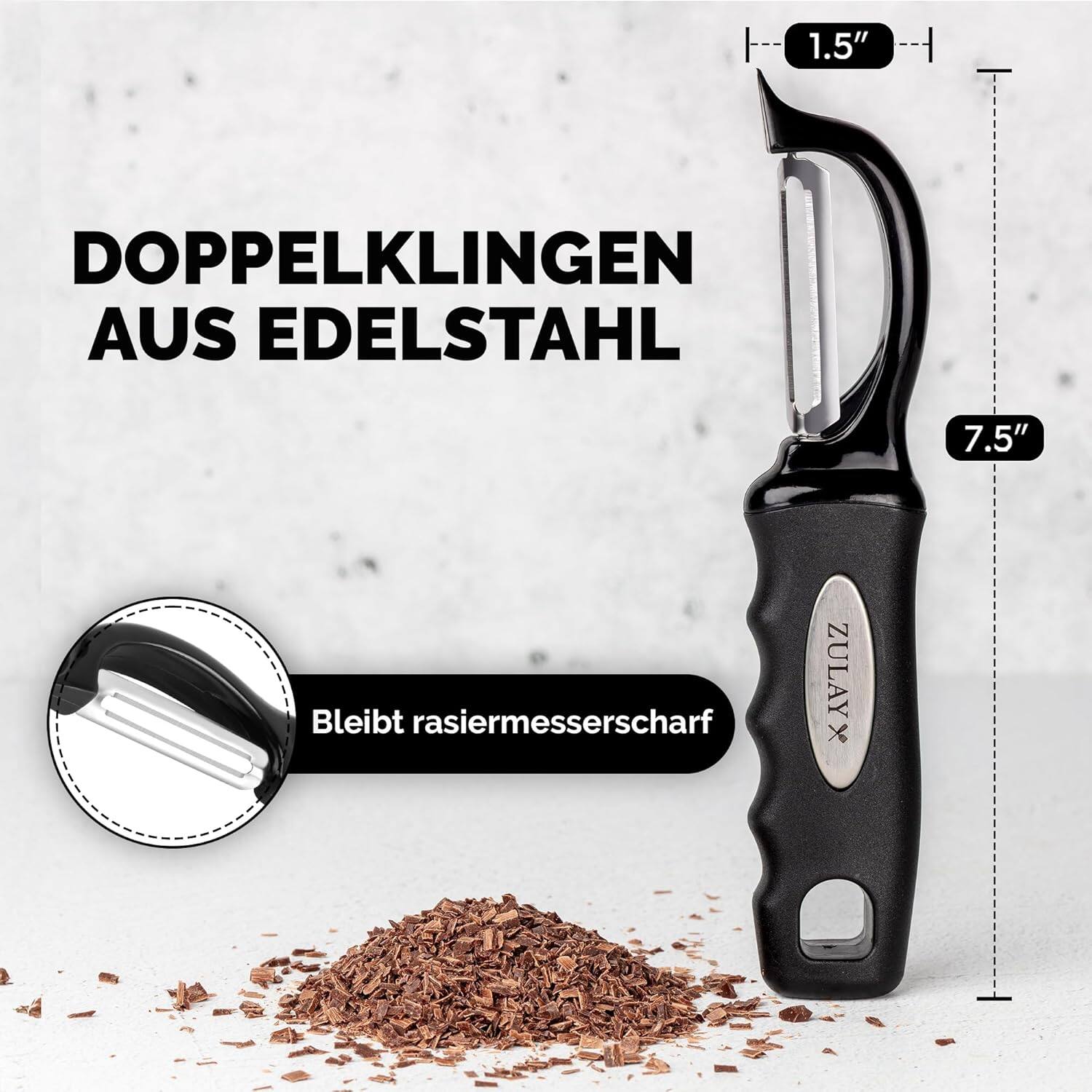 1.5" DOPPELKLINGEN AUS EDELSTAHL  
7.5"  
Bleibt rasiermesserscharf  
ZULAY X